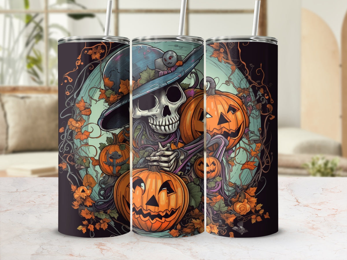 Three tumblers featuring a skeleton wearing a witch hat surrounded by pumpkins and autumn leaves.