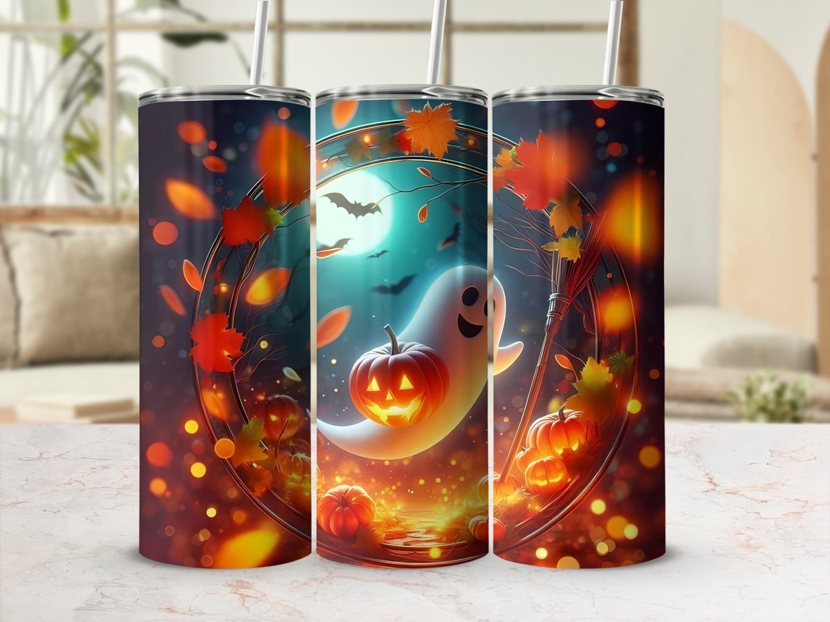 Three tumblers with a Halloween ghost, pumpkins, bats, and falling leaves design.