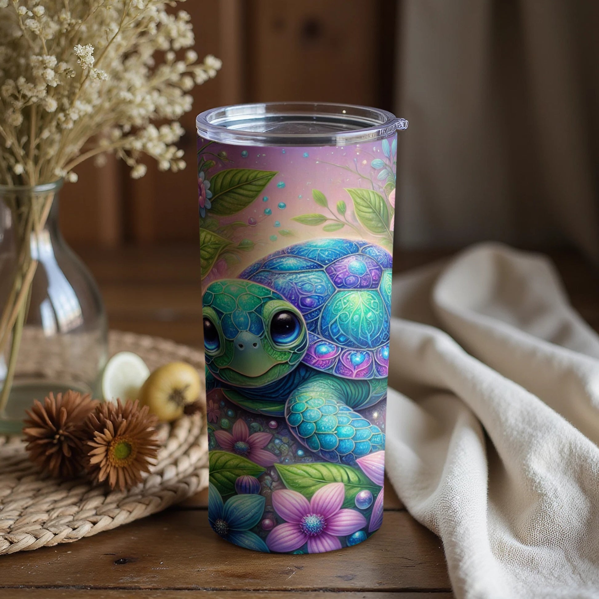 Colorful Turtle and Flowers Design Travel Tumbler Product