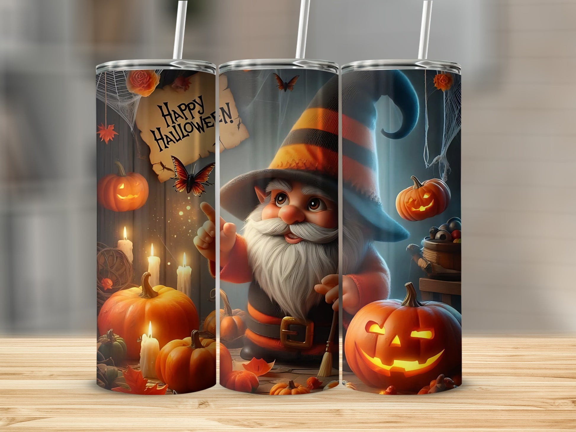 Halloween tumbler with gnome, pumpkins, candles, and a "Happy Halloween" message.