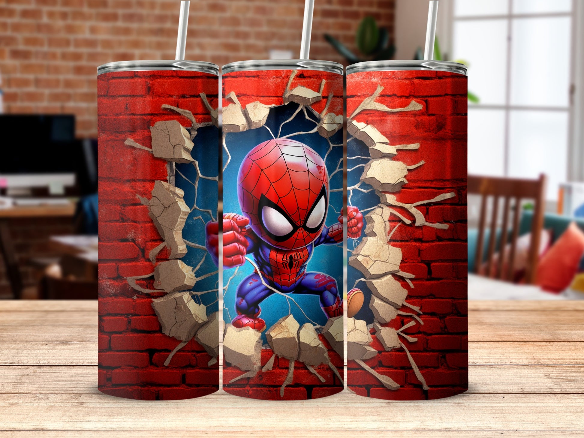 Spider-Man breaking through brick wall tumbler