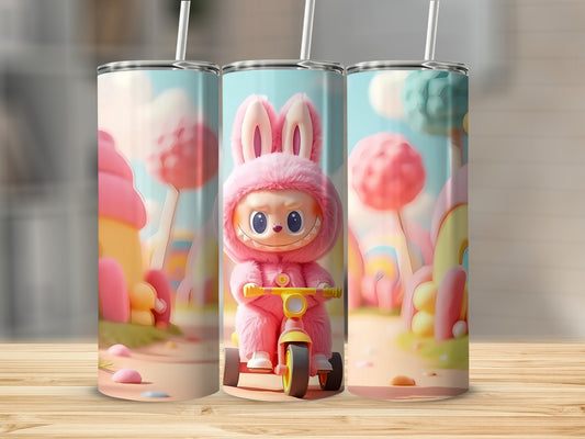 Adorable Pink Bunny Riding a Trike Tumbler Cup