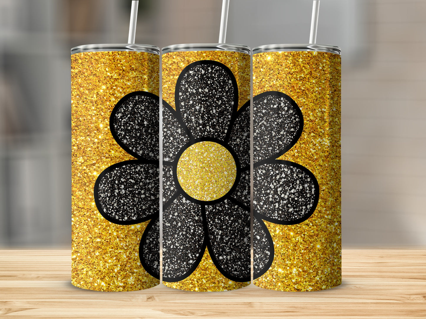 Glittery Black Flower Design Golden Tumbler