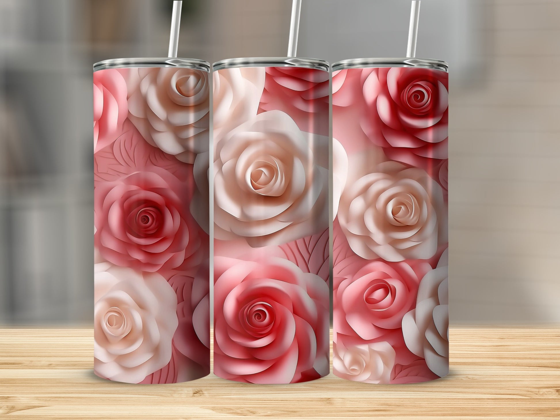 Elegant Red and White Rose Patterned Tumbler Cup