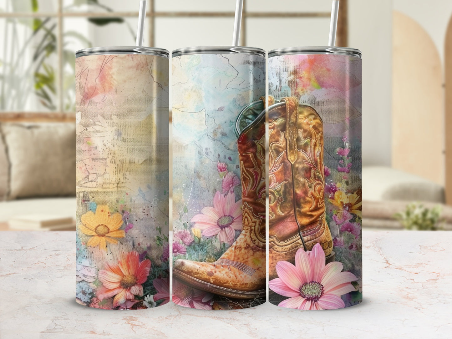 Cowboy boot and floral watercolor design on a tumbler.
