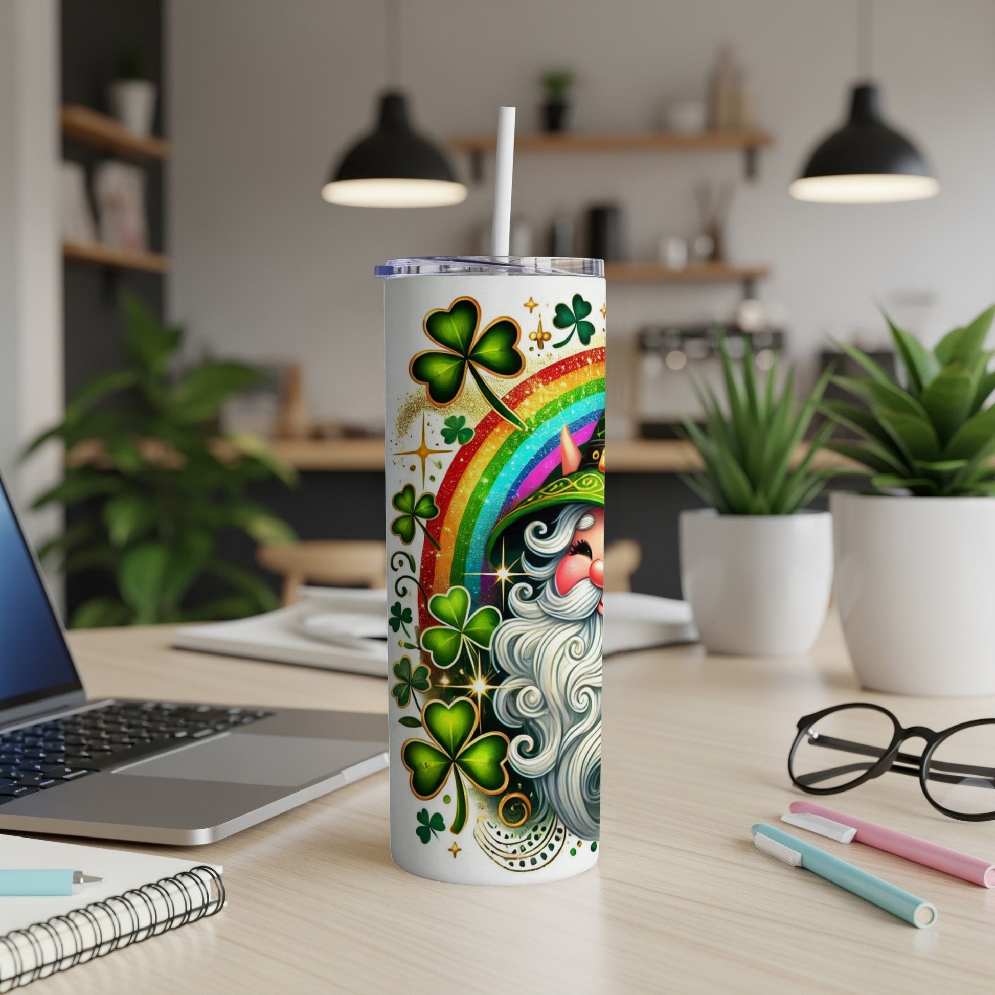 St. Patrick's Day gnome with rainbow, shamrocks, and glitter on a tumbler.