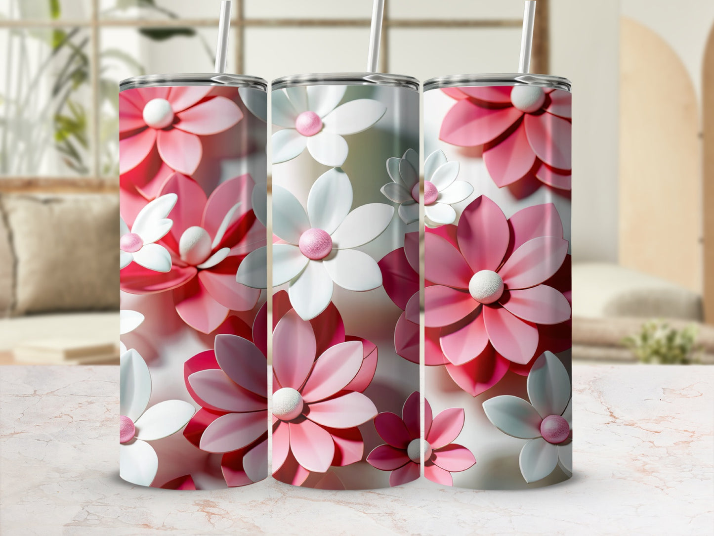 Elegant Pink and White Floral Design Tumbler