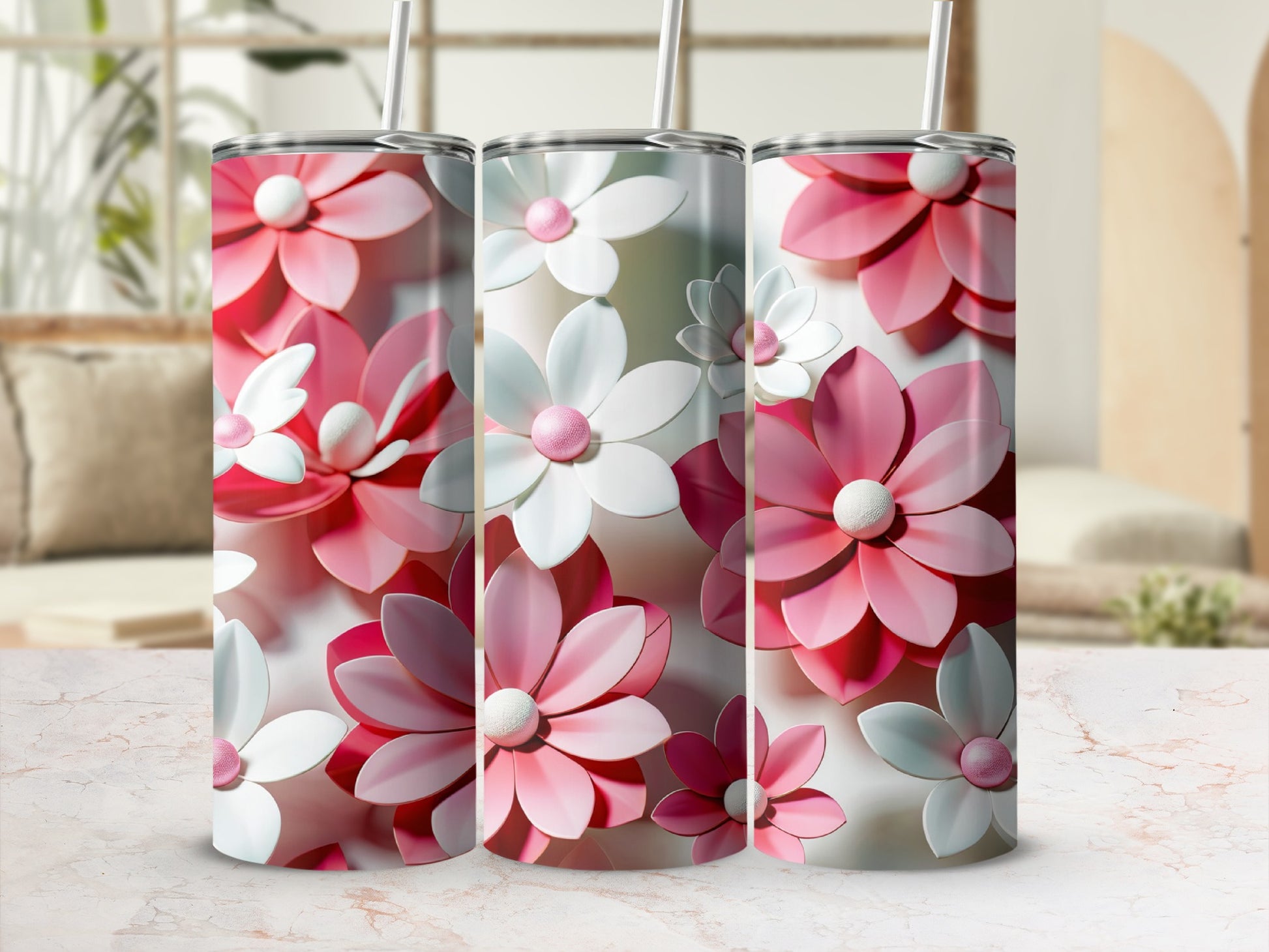 Elegant Pink and White Floral Design Tumbler