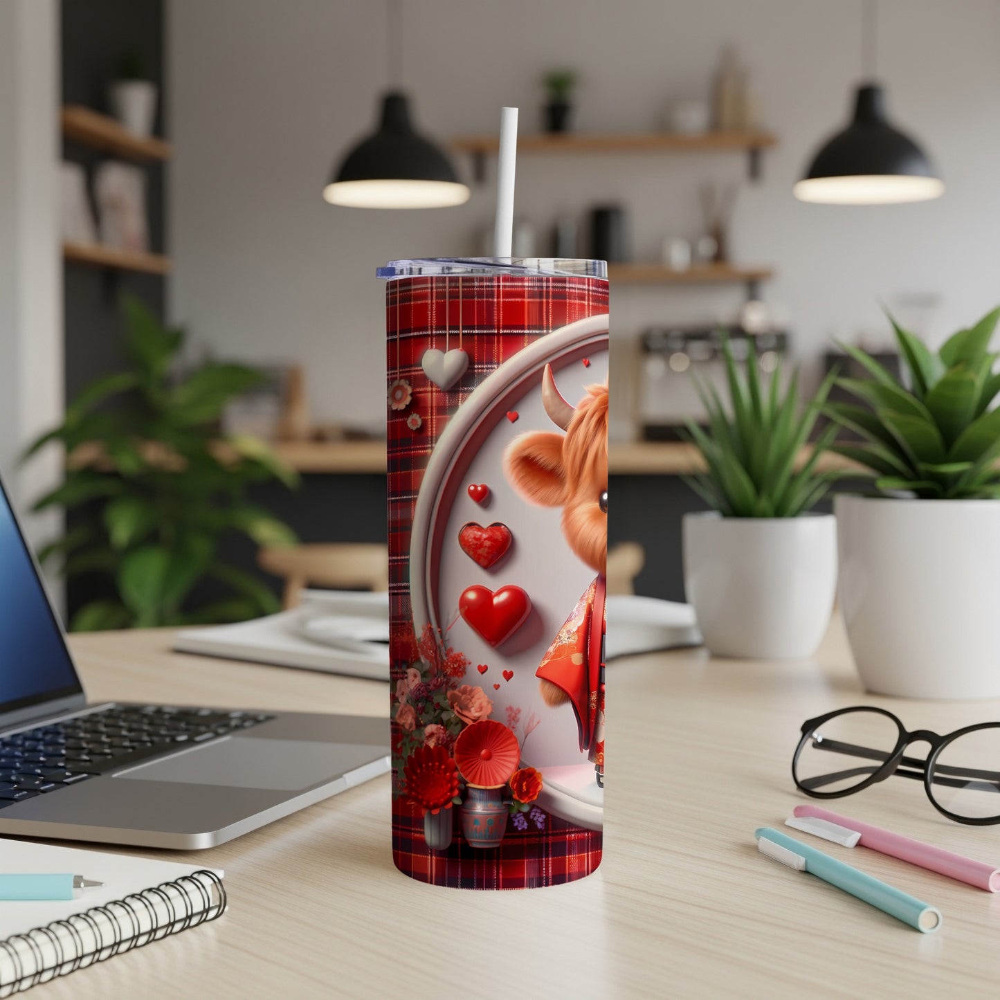Red plaid tumbler with a cute cartoon cow wearing a kimono and holding hearts.