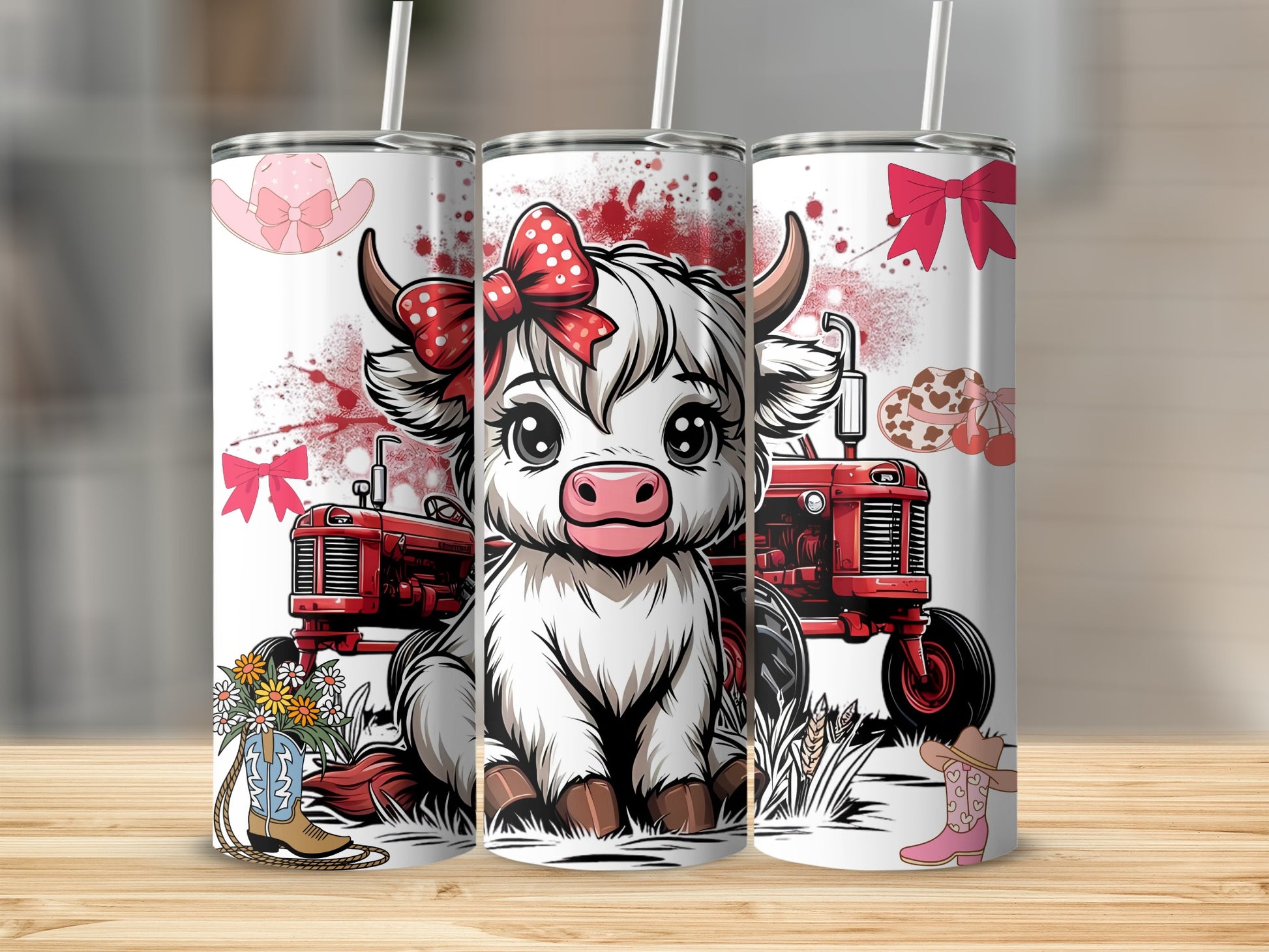 Cute Cow with Tractor and Bow Design Tumbler