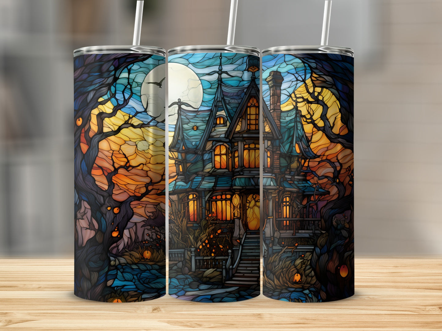 Spooky stained glass haunted house and trees under a full moon.
