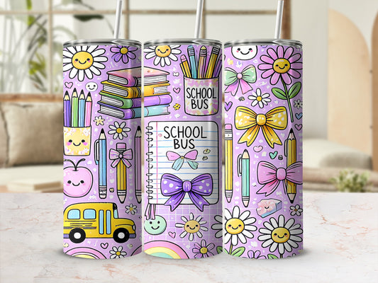 Purple tumbler with school icons: books, pencils, bus, and smiling flowers.