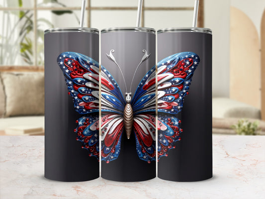 Tumbler with patriotic butterfly design.