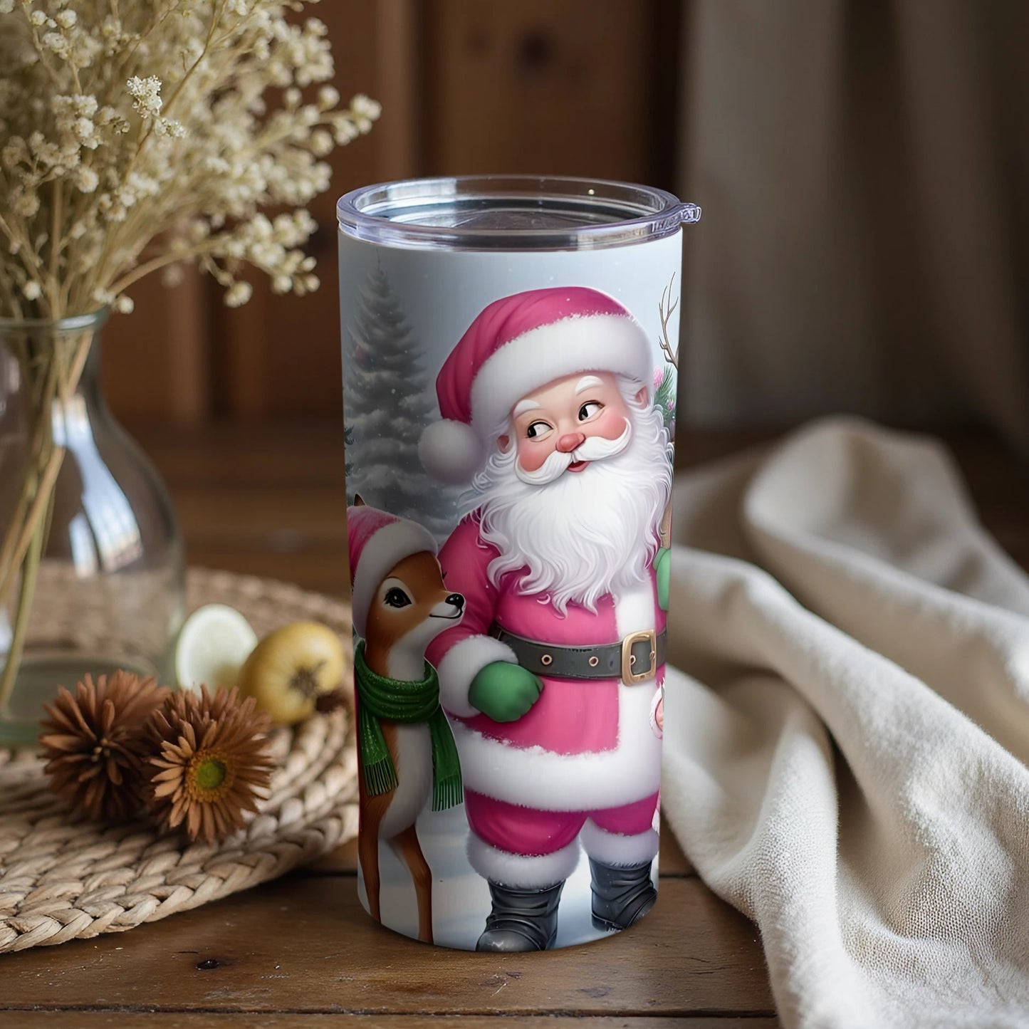 Santa Claus and Reindeer Scene Holiday Tumbler