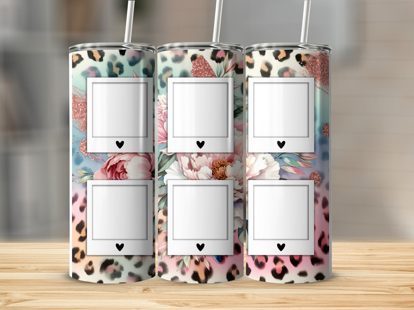Leopard print tumbler with floral accents and three photo frames.