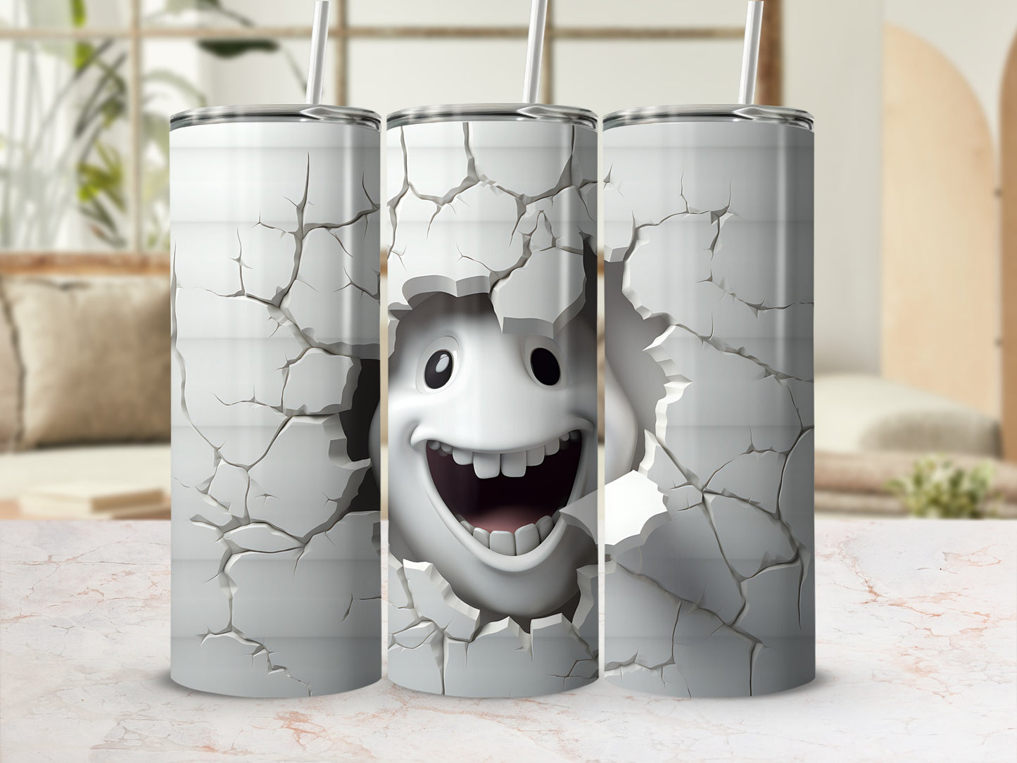 Three tumblers with a cartoon face breaking through cracked white plaster.