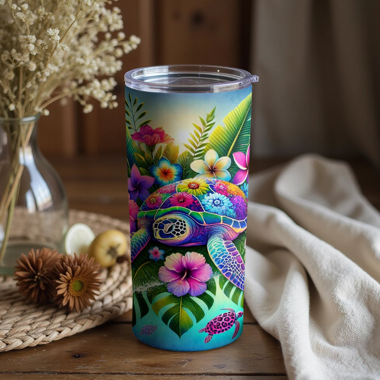 Colorful Turtle and Flowers Artwork Tumbler Cup Drinkware