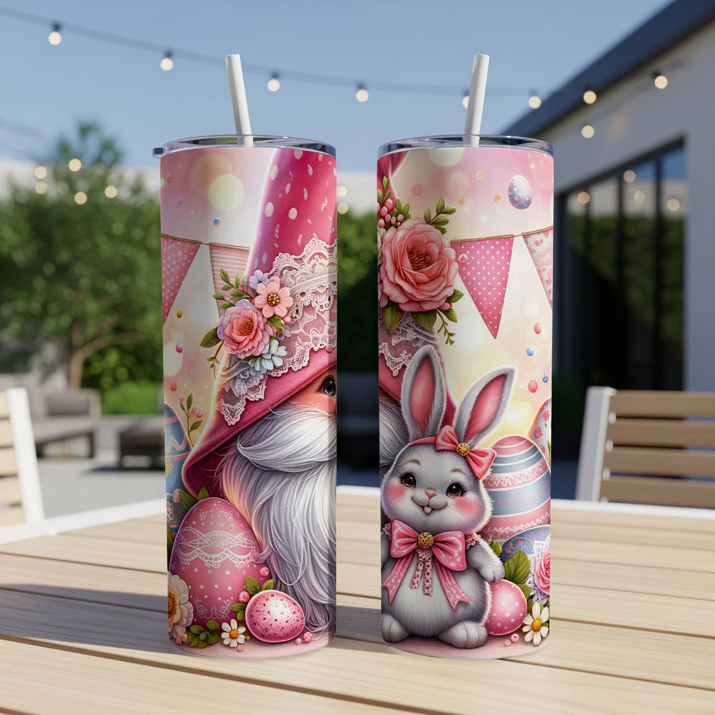 Gnome and bunny with Easter eggs and floral decorations on tumblers.