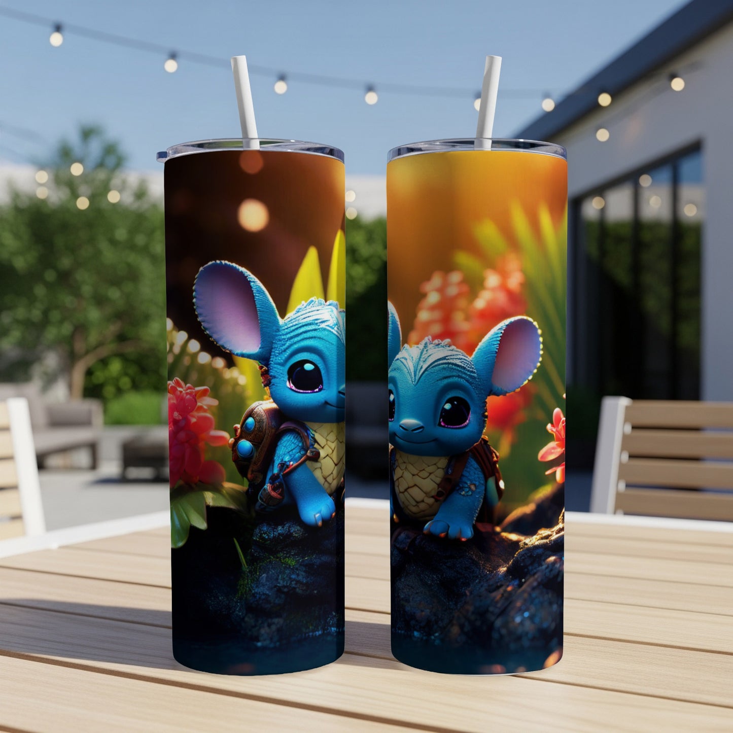 Two blue cartoon creatures with large ears on tumblers with floral and outdoor background.