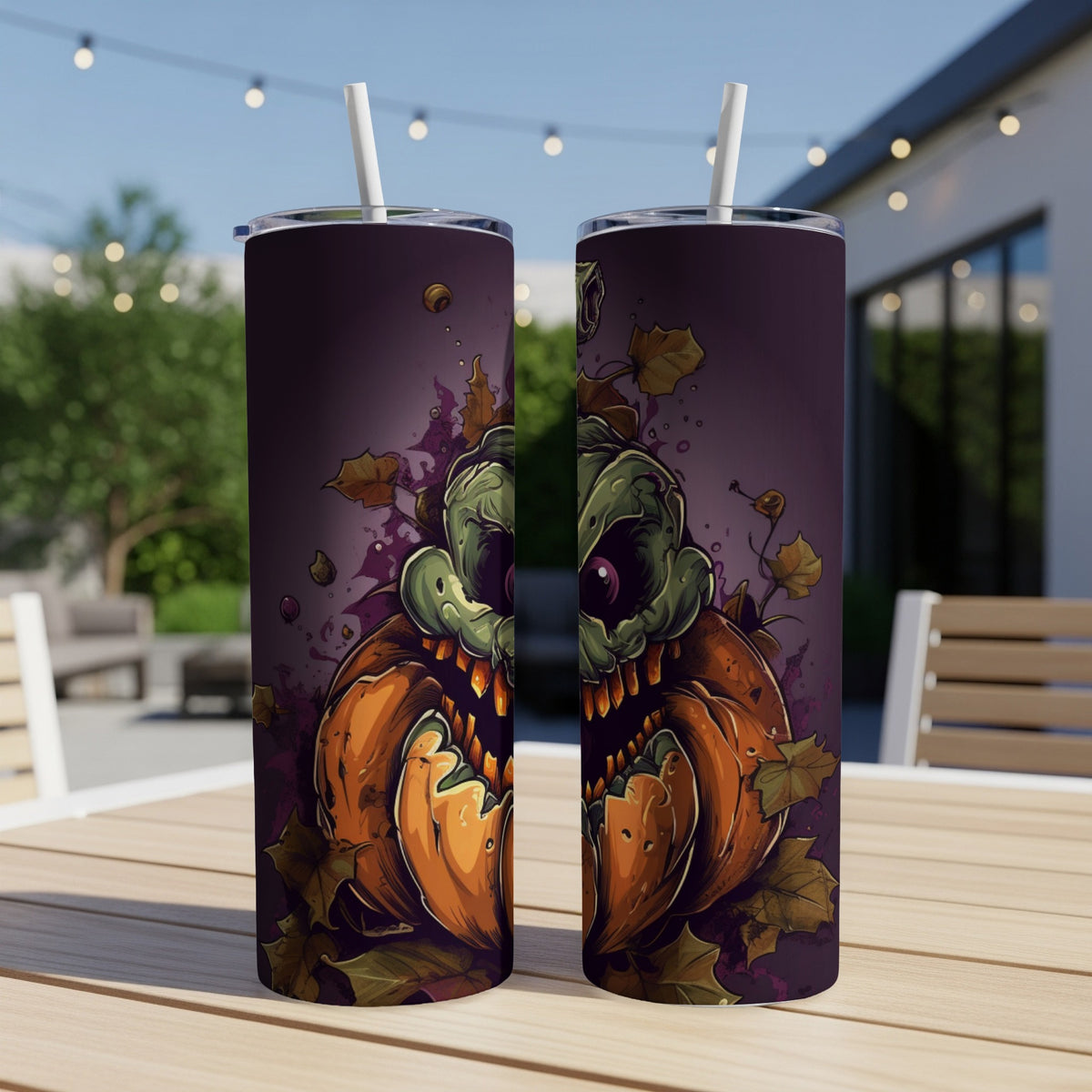Two tumblers with a spooky carved pumpkin and zombie Halloween design.