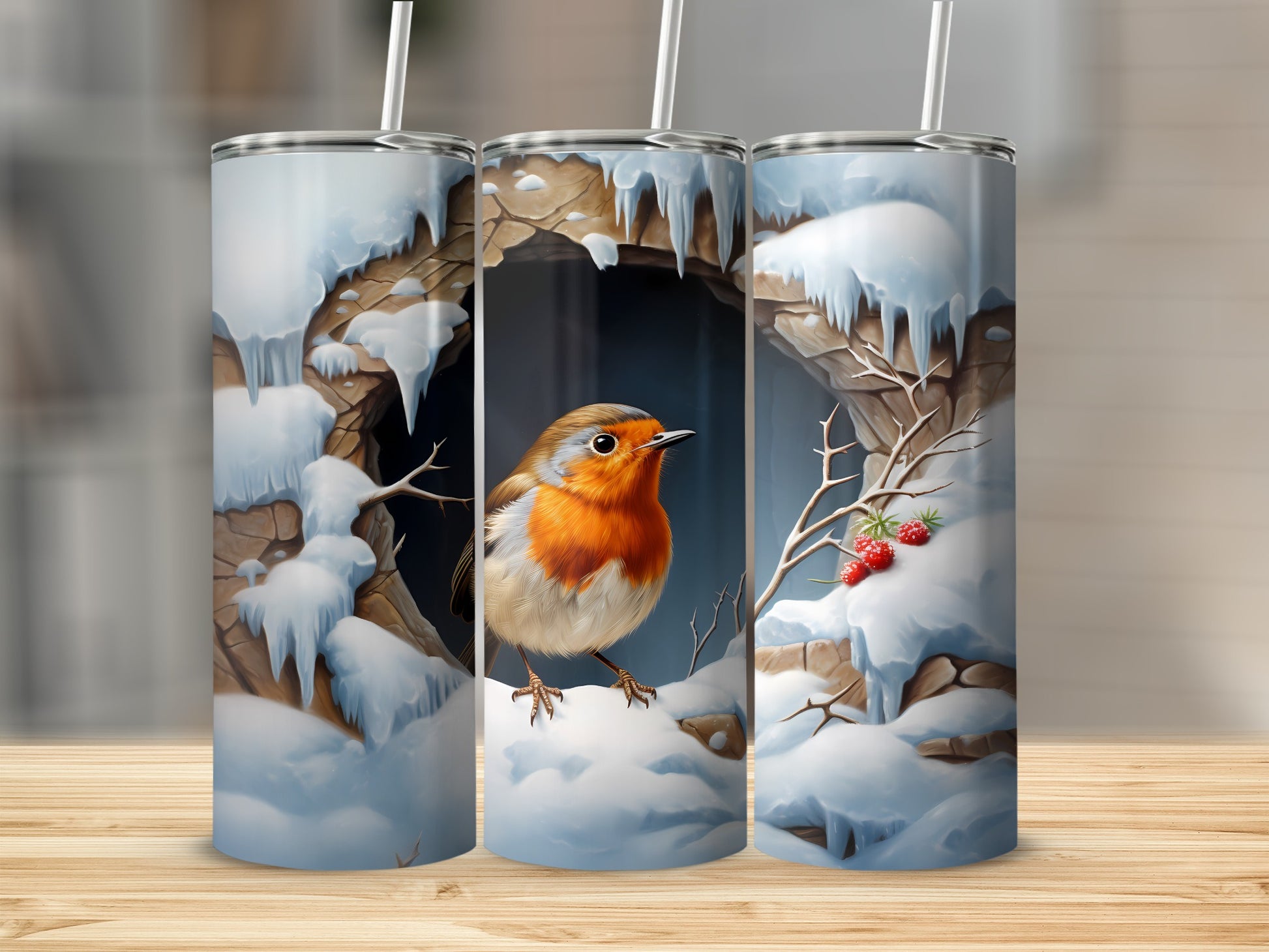 Robin perched on snowy branch in icicle-lined cave entrance.