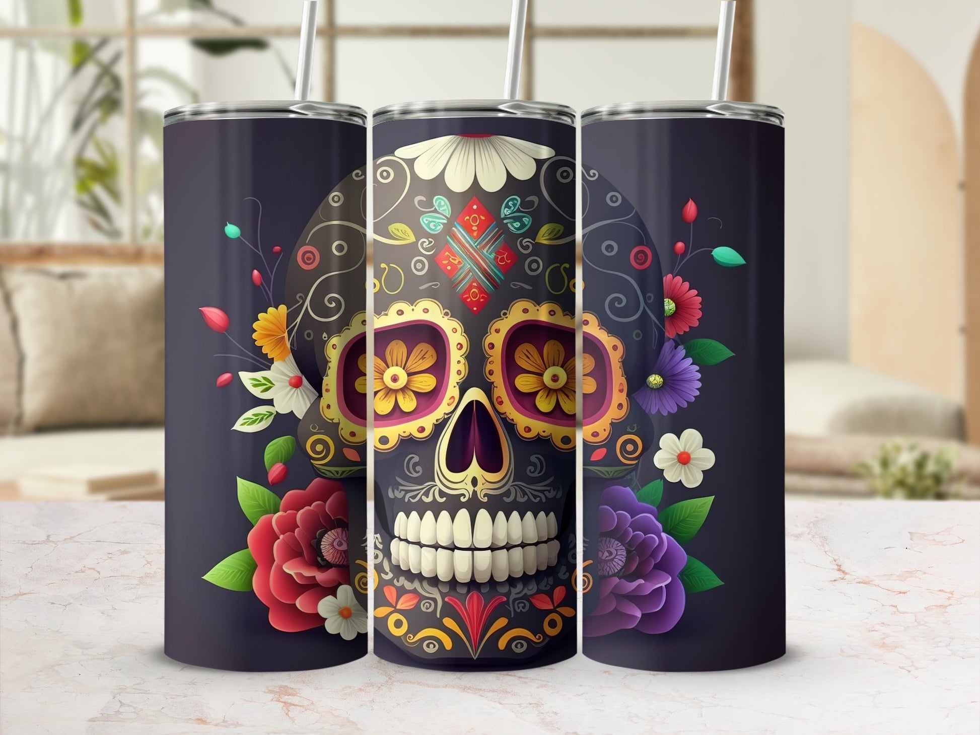 Vibrant Sugar Skull Floral Design Tumbler Cup