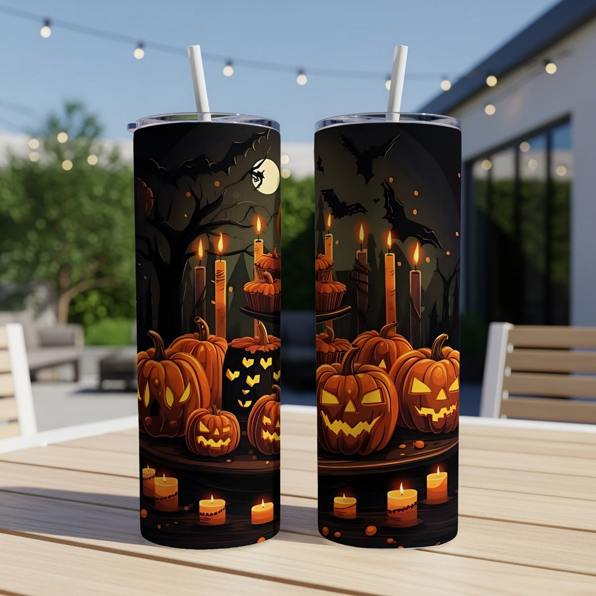 Two tumblers with a Halloween theme featuring jack-o'-lanterns and candles.