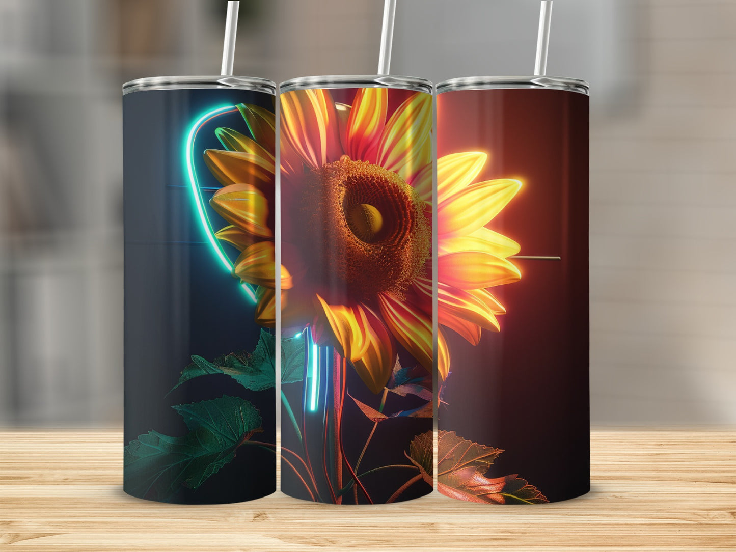 Three tumblers featuring a vibrant sunflower design with neon accents.