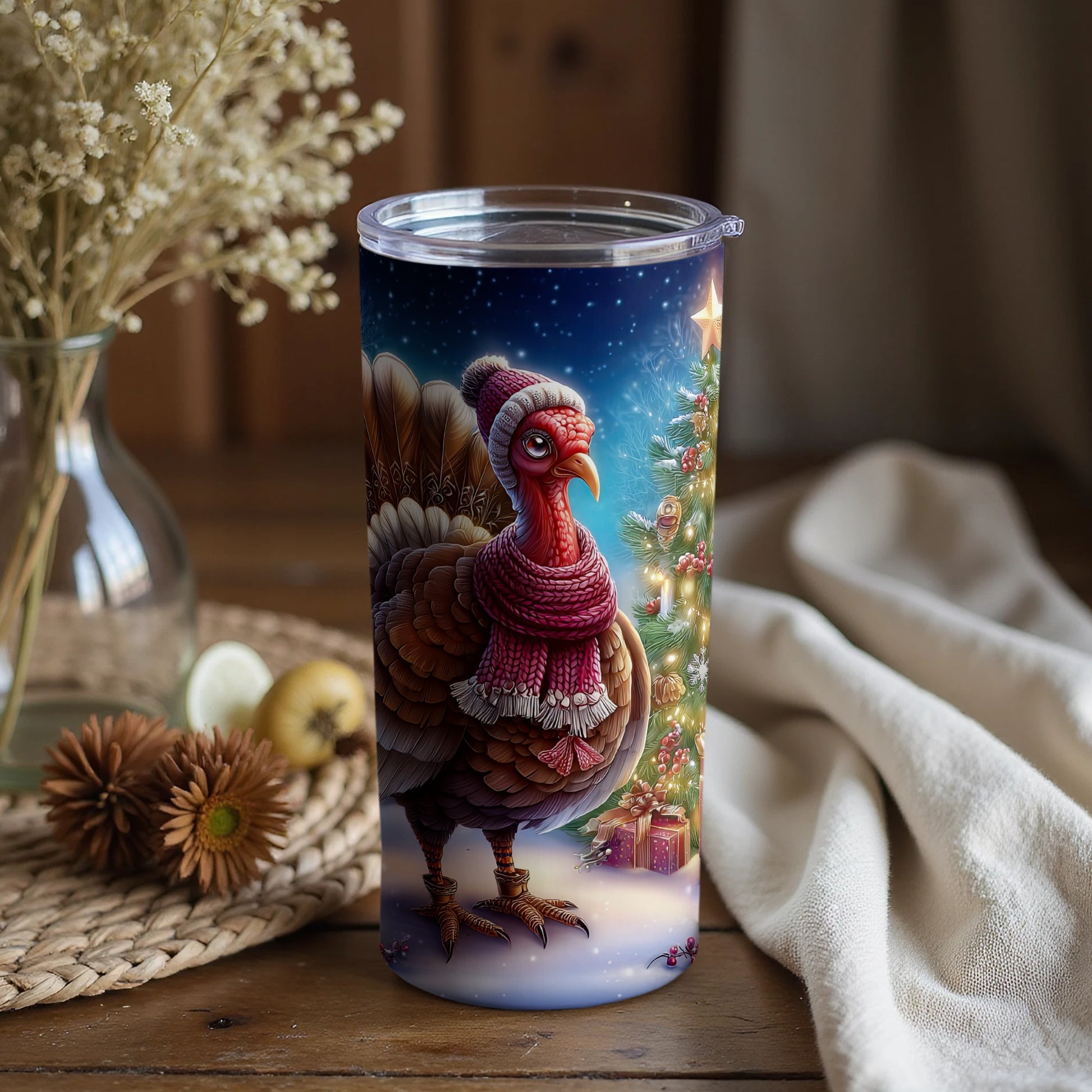 Festive Turkey with Christmas Tree Holiday Tumbler