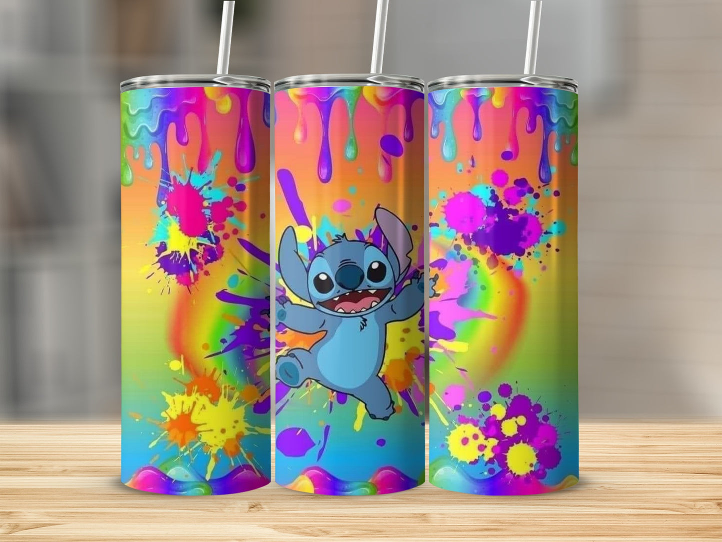 Colorful Splash Tumbler with Cute Blue Cartoon Character