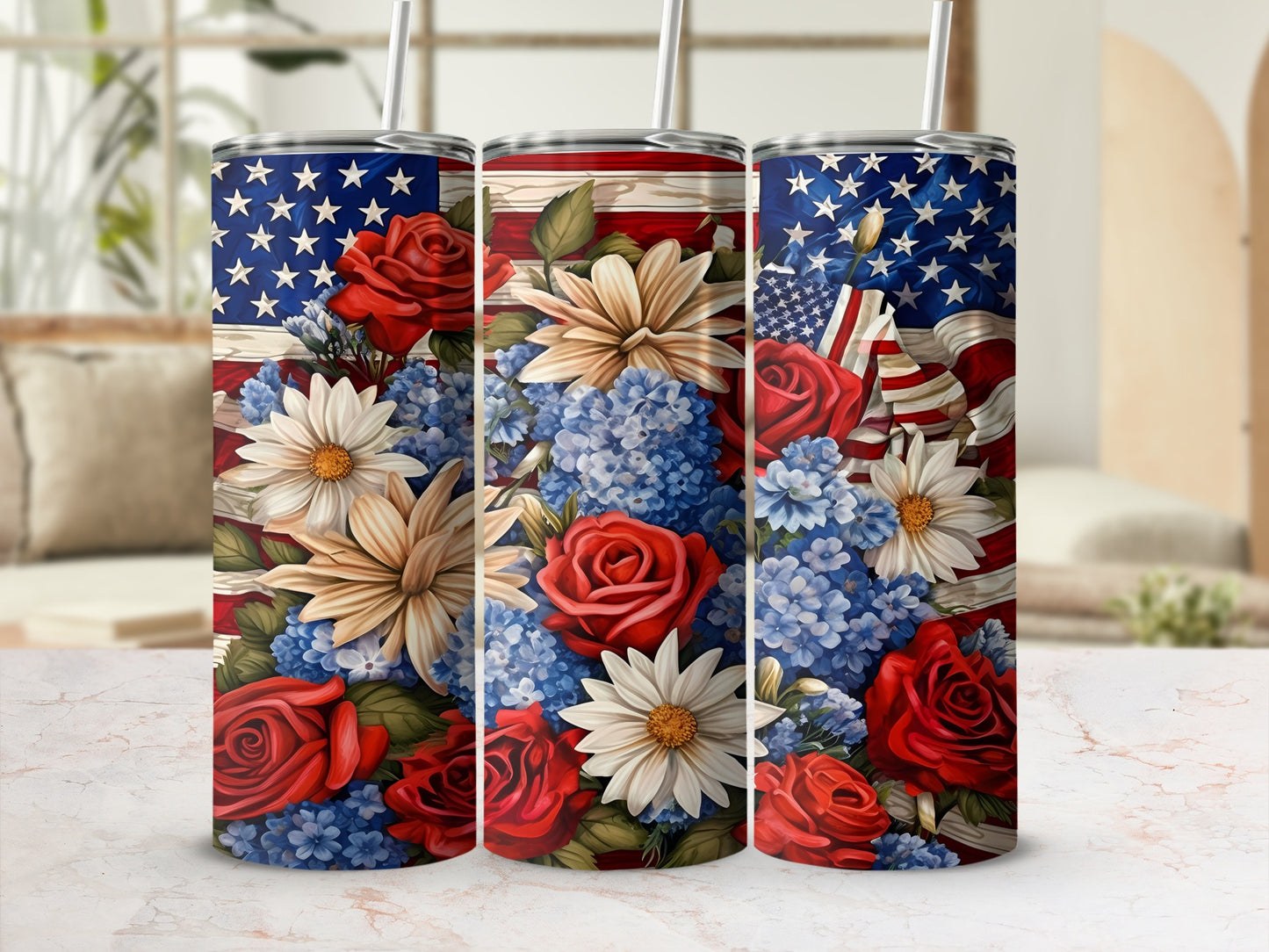 USA flag patriotic floral tumbler with red roses and blue hydrangeas.
