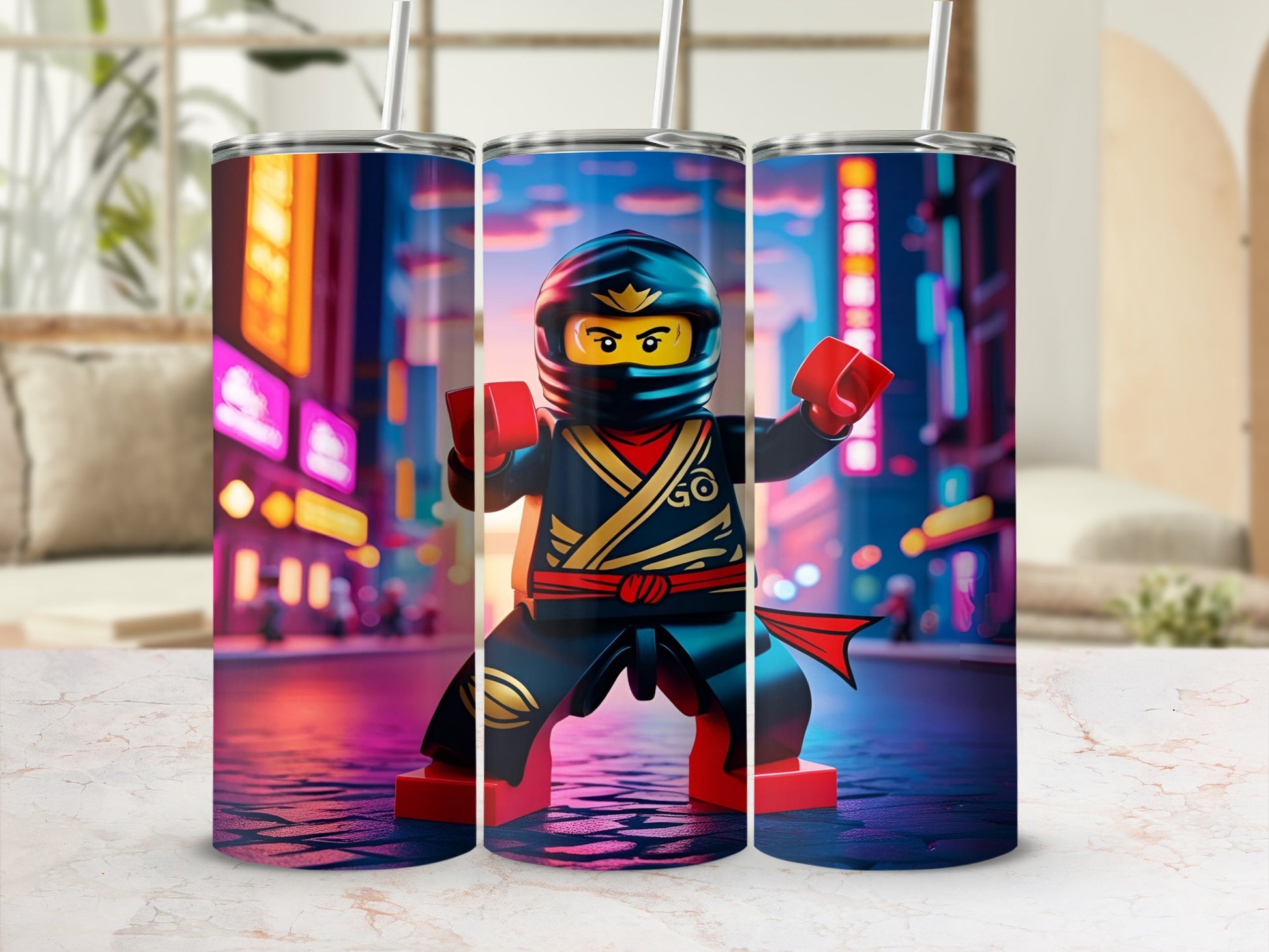 Ninja character with gold accents on a city street background.