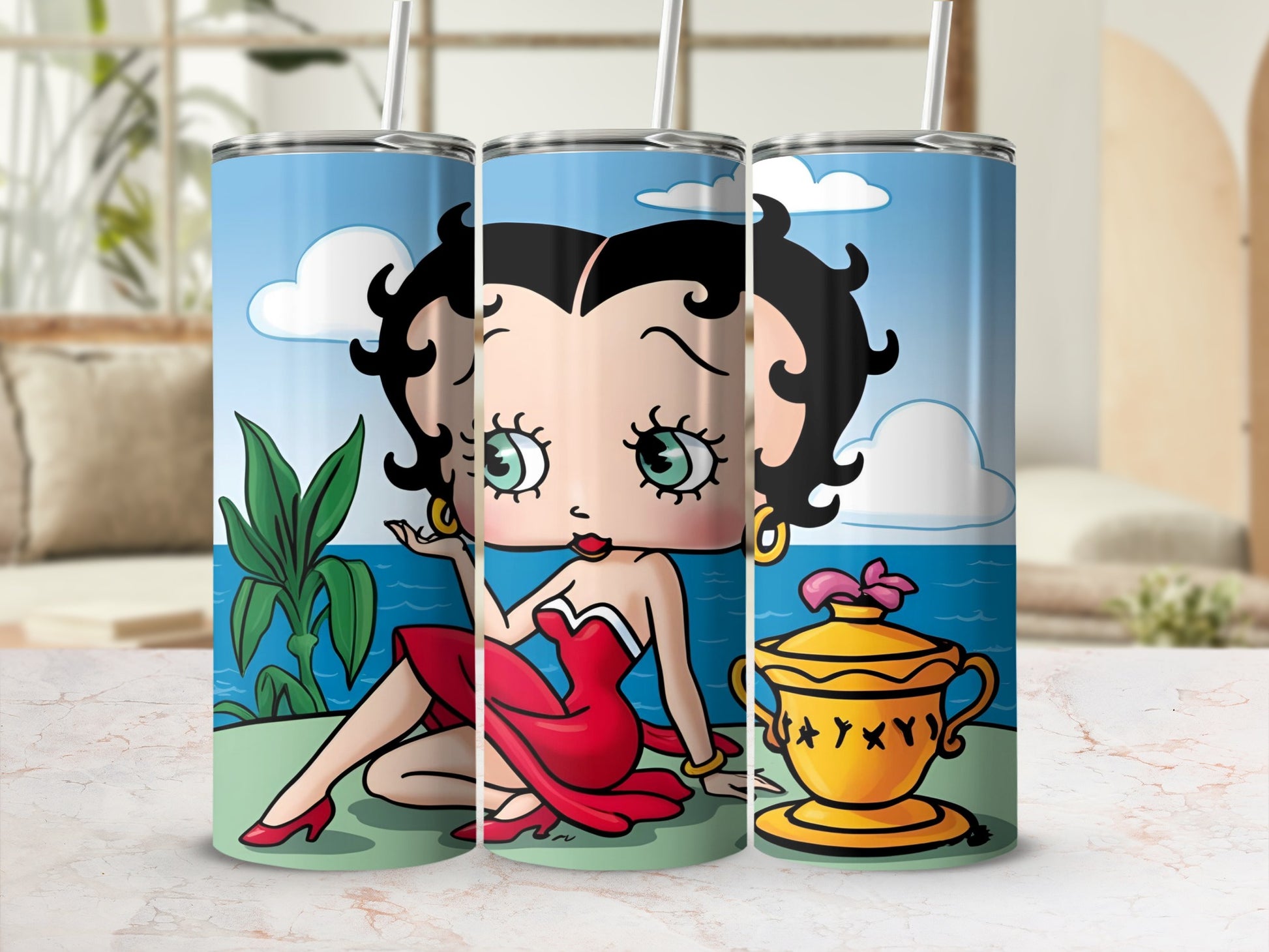 Betty Boop in red dress with gold cup and plant by water.
