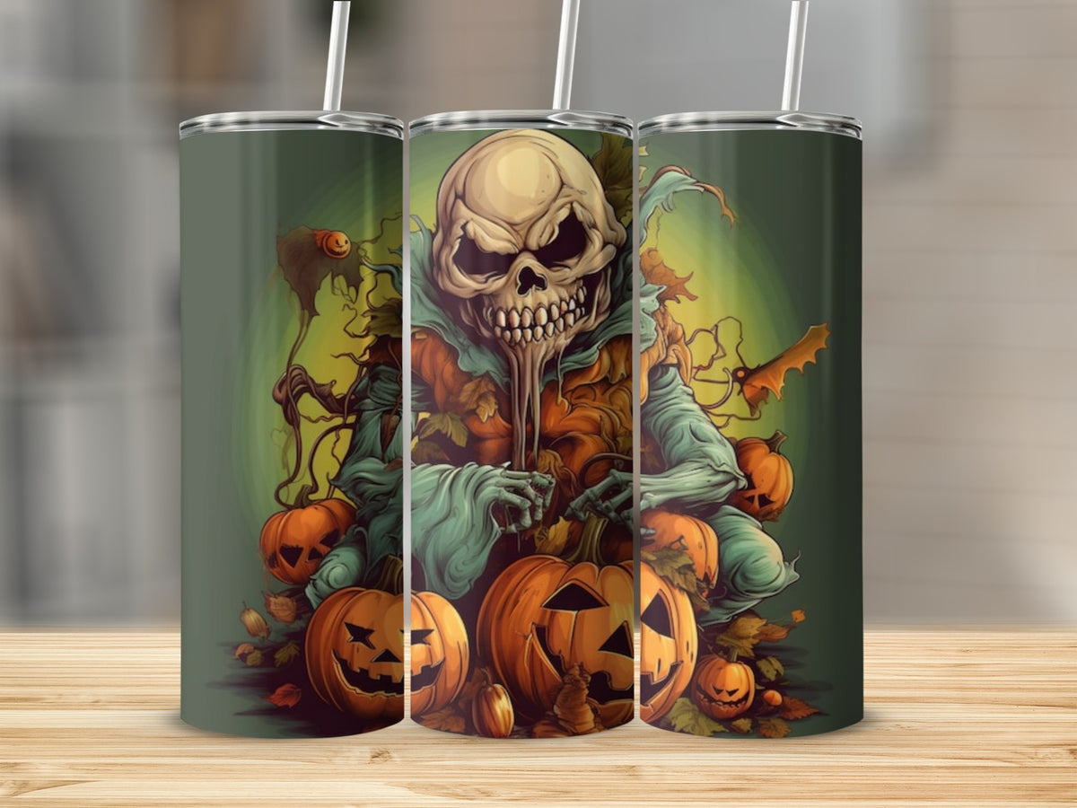 Three tumblers with a spooky Halloween skeleton and pumpkin design.