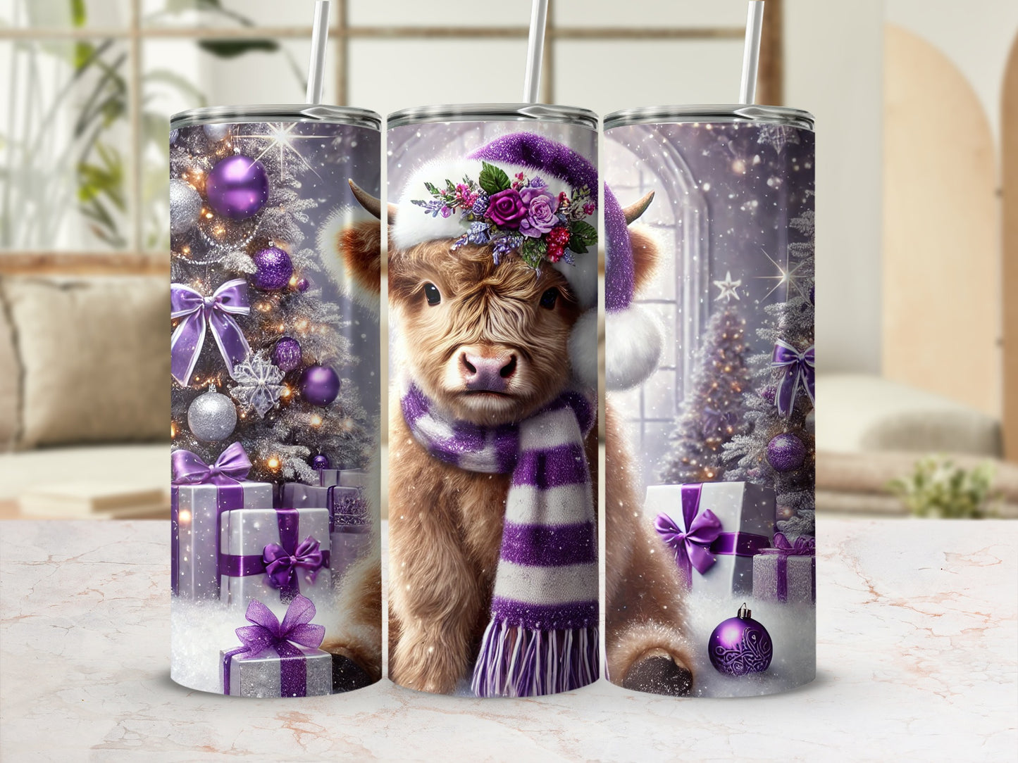 Highland cow in Santa hat and scarf with Christmas tree and gifts.