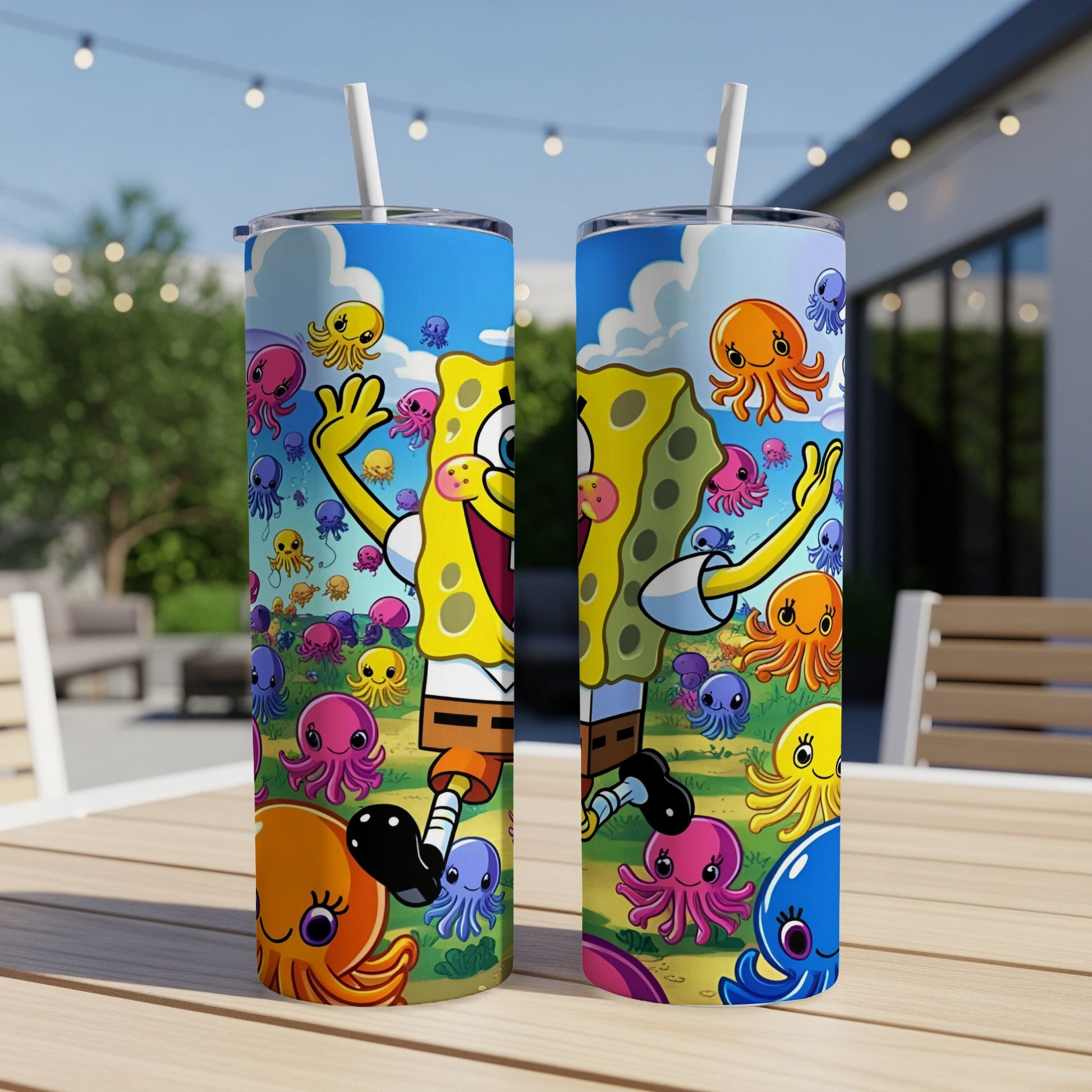 SpongeBob SquarePants with colorful octopuses on a patterned tumbler.