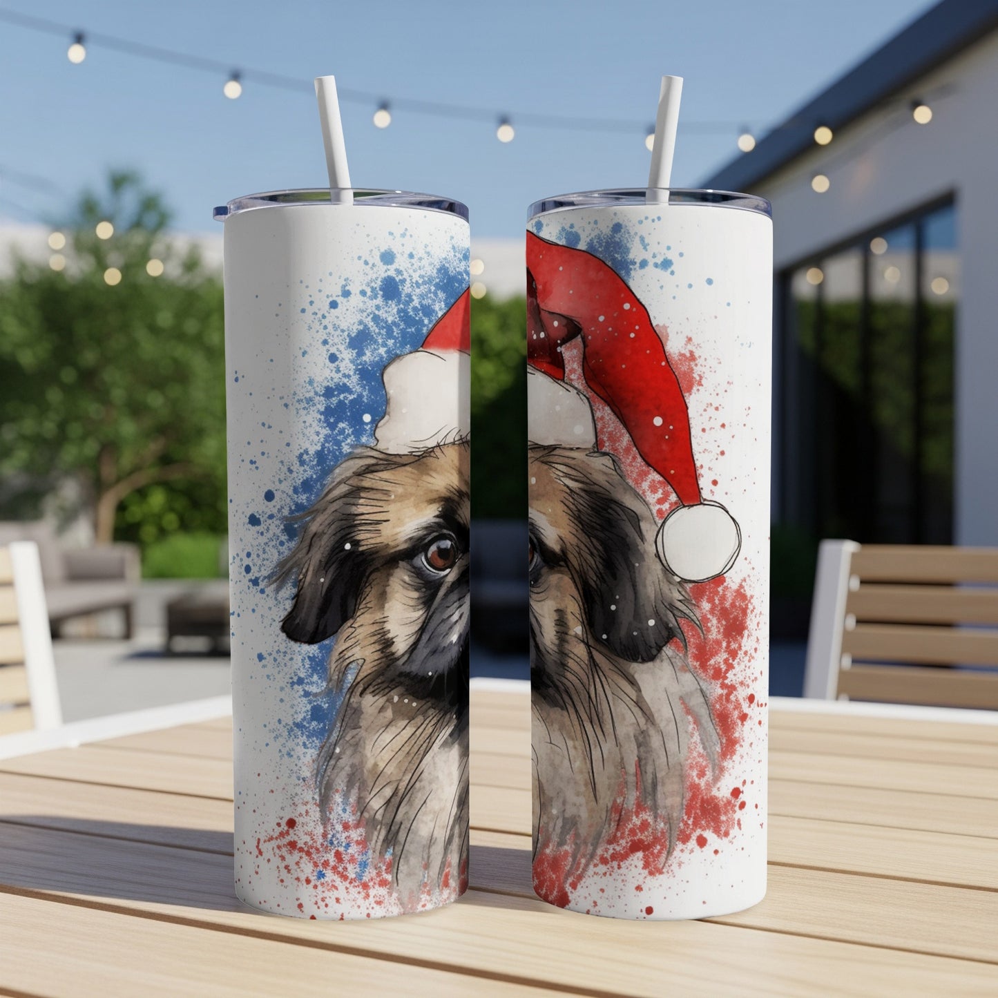 Two Christmas-themed tumblers featuring a watercolor dog portrait with a Santa hat.