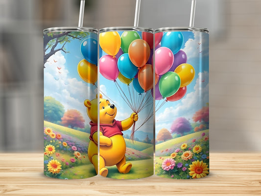Winnie The Pooh With Balloons Over Flowers In Fields Tumblers