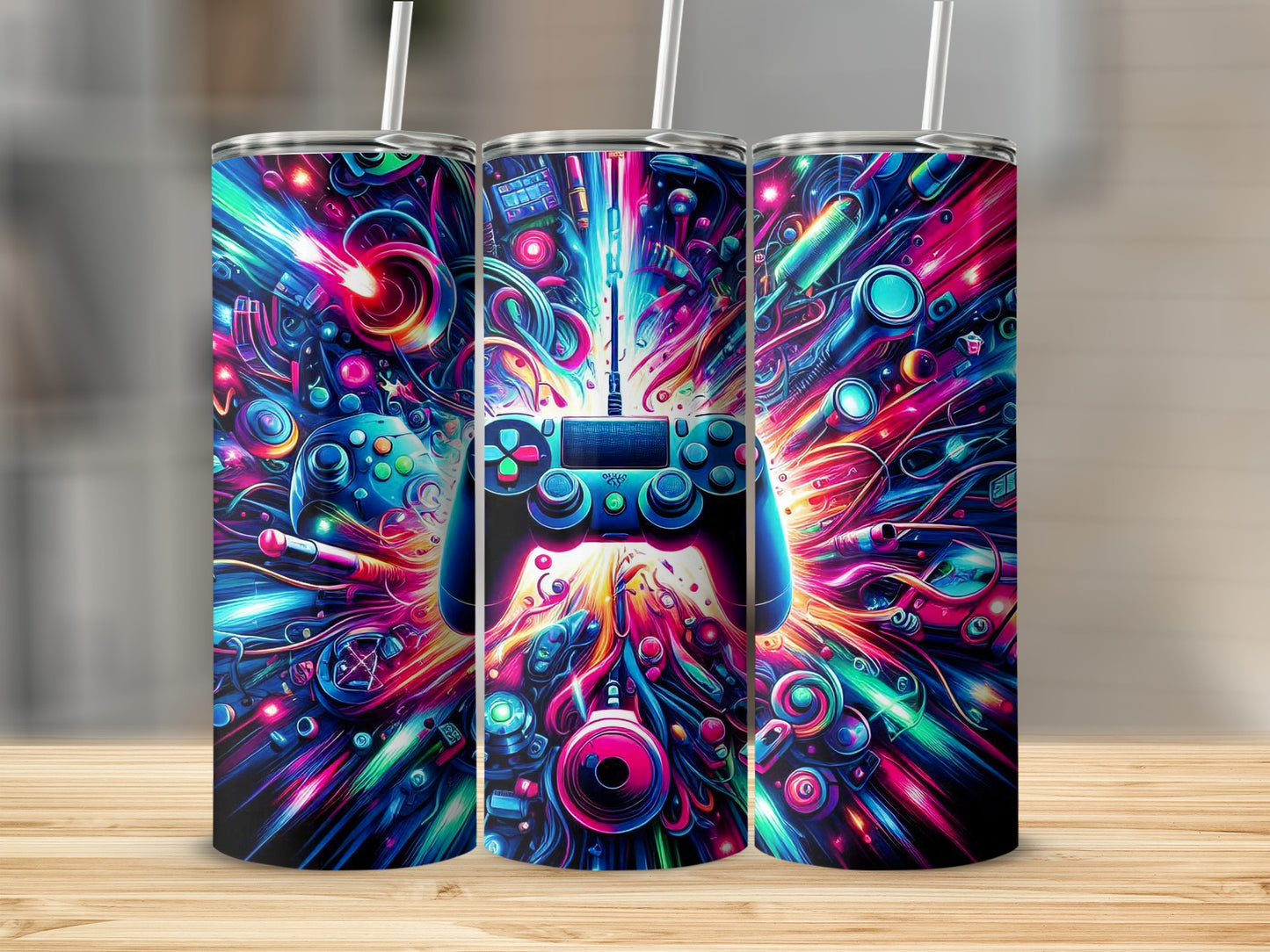 Three tumblers with a neon, futuristic video game controller and abstract designs.