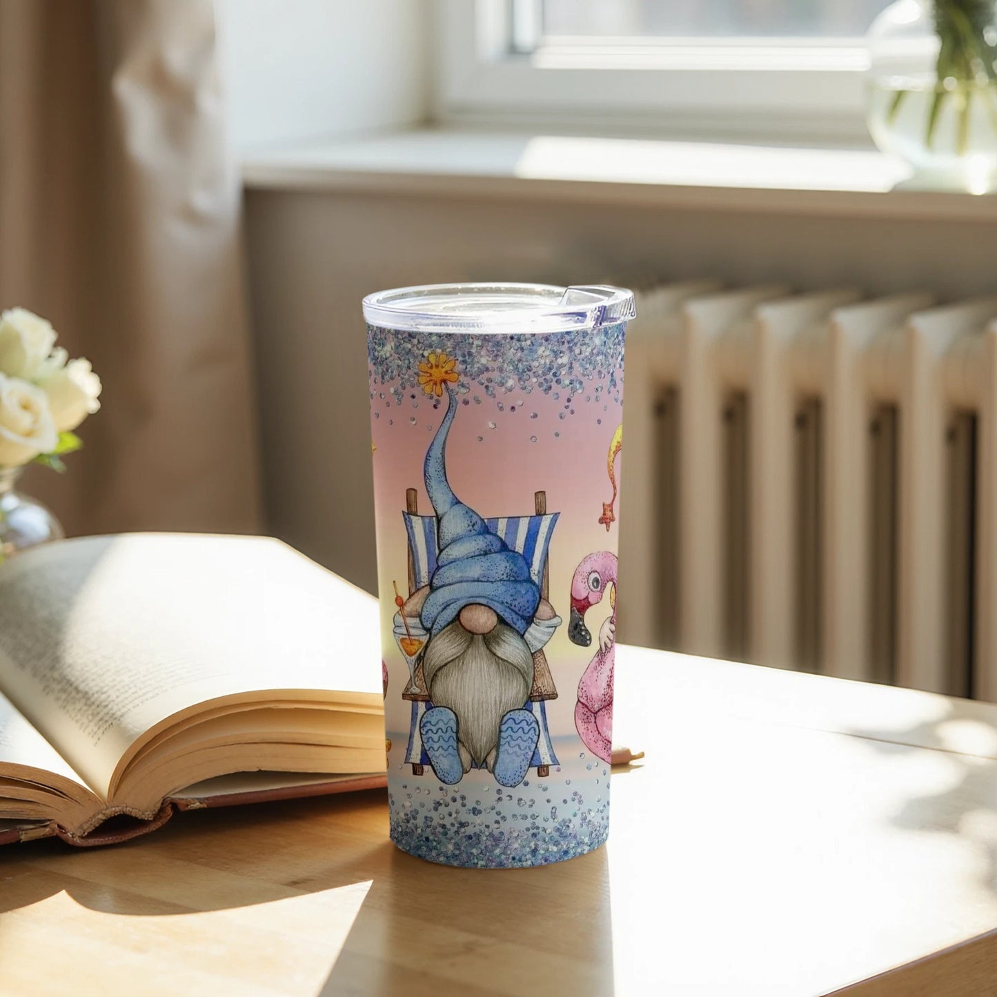 Whimsical Gnome and Flamingo Design Tumbler