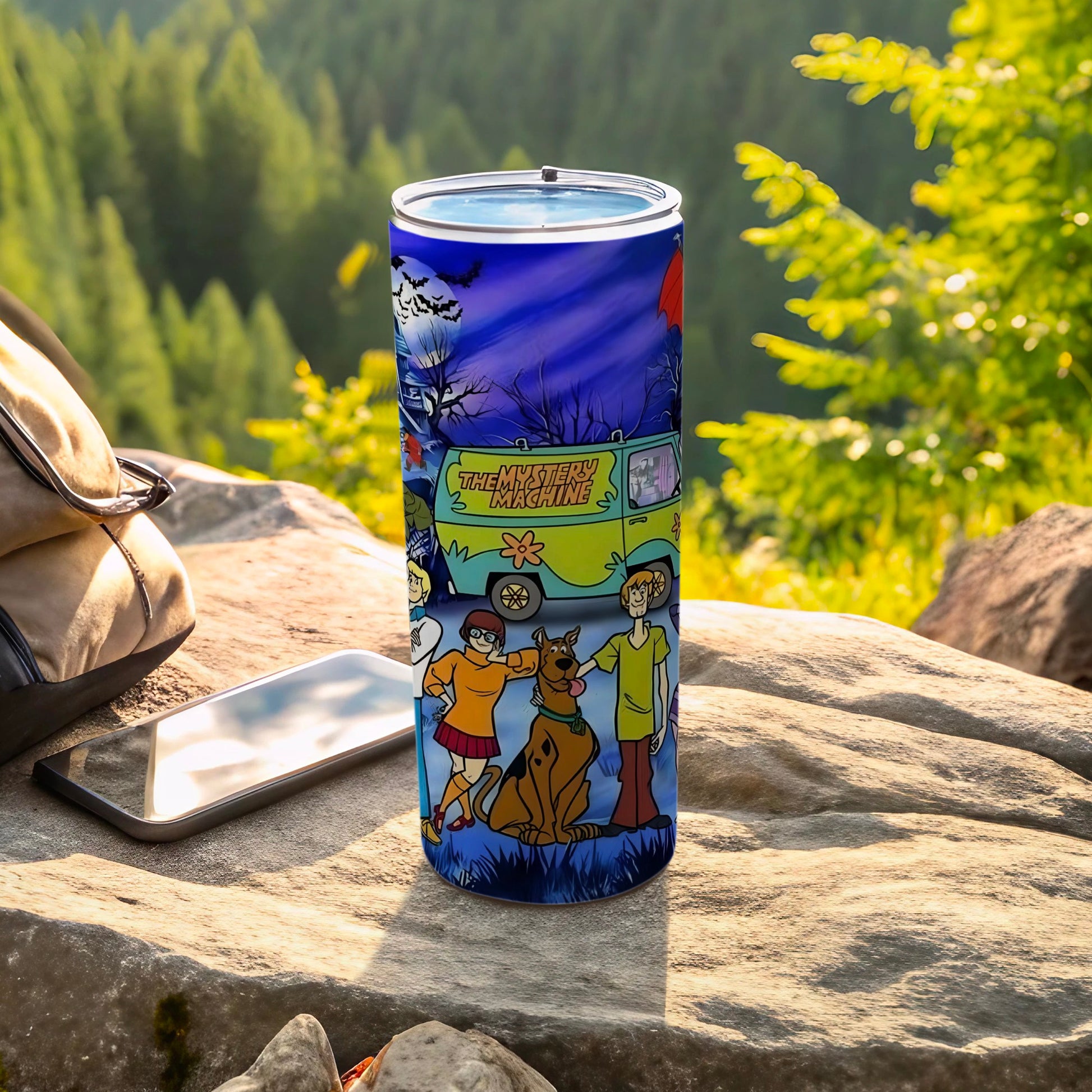 Scooby-Doo characters on Mystery Machine bus, on a rock outdoors.