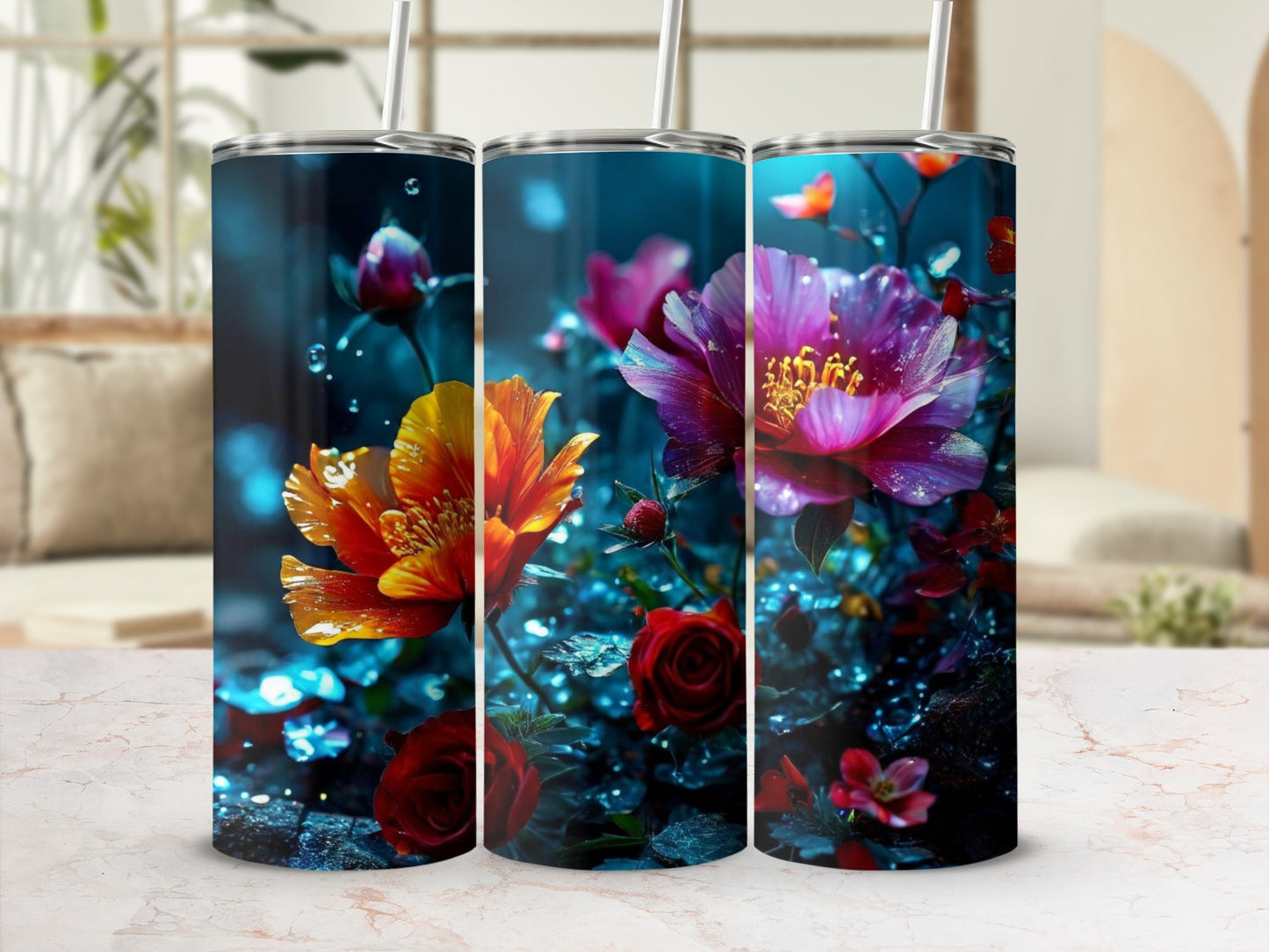 Three illuminated tumblers featuring vibrant floral and bokeh background designs.