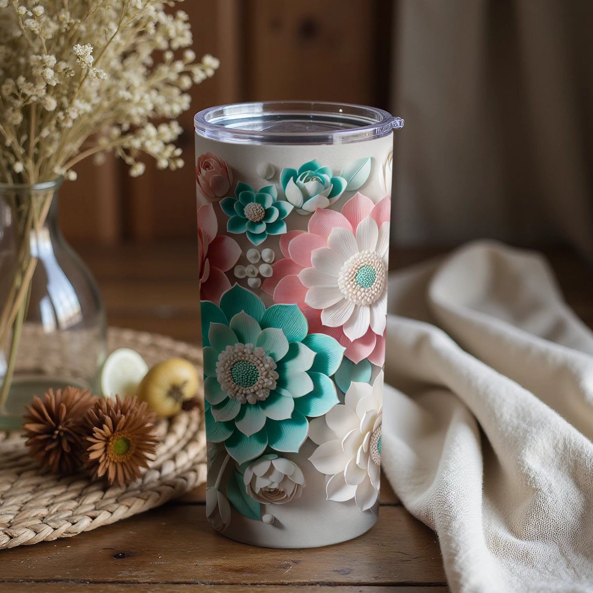 Beautiful Floral Pattern Travel Tumbler with Lid Beverage Container