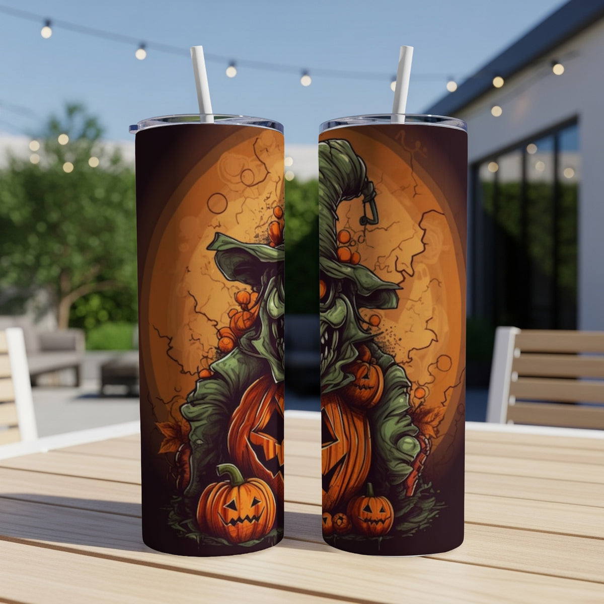 Two tumblers featuring a creepy scarecrow with pumpkins and a moon.