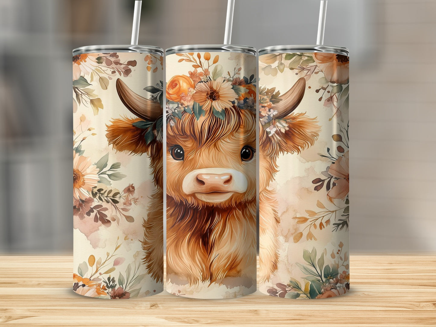 Adorable Highland Cow Floral Design Tumbler Cup