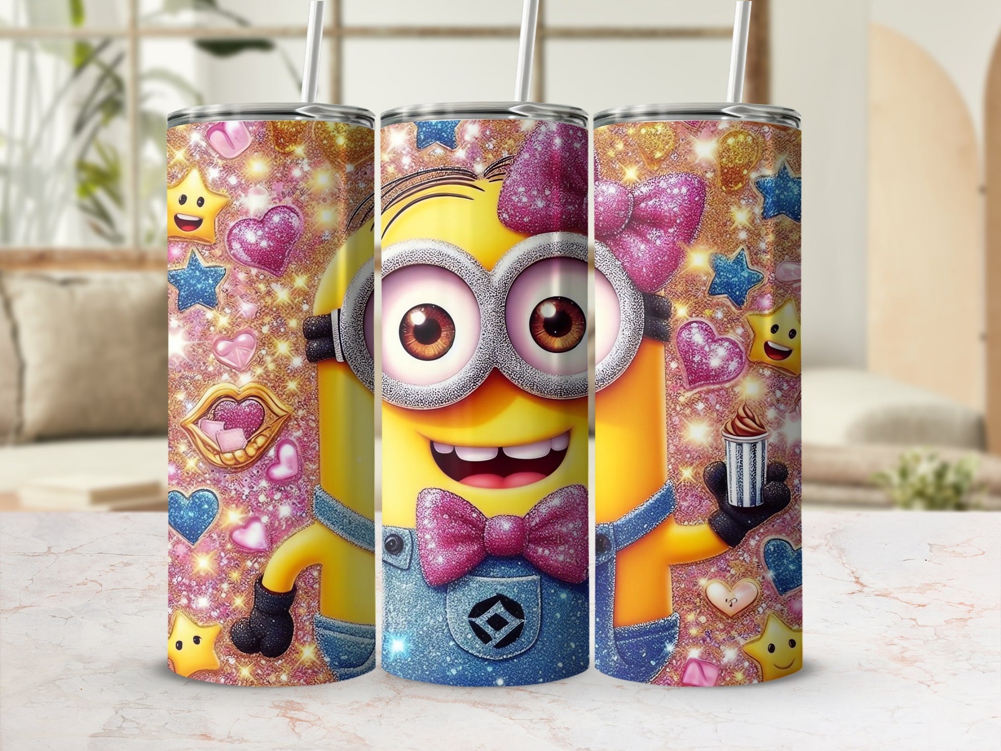 Glittery Cute Minion with Stars and Hearts Tumbler