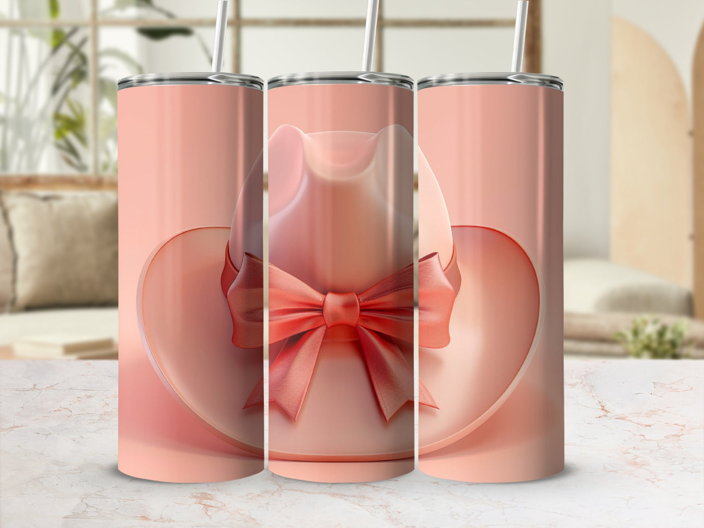 Pink cowboy hat with bow, rendered on three tumblers.