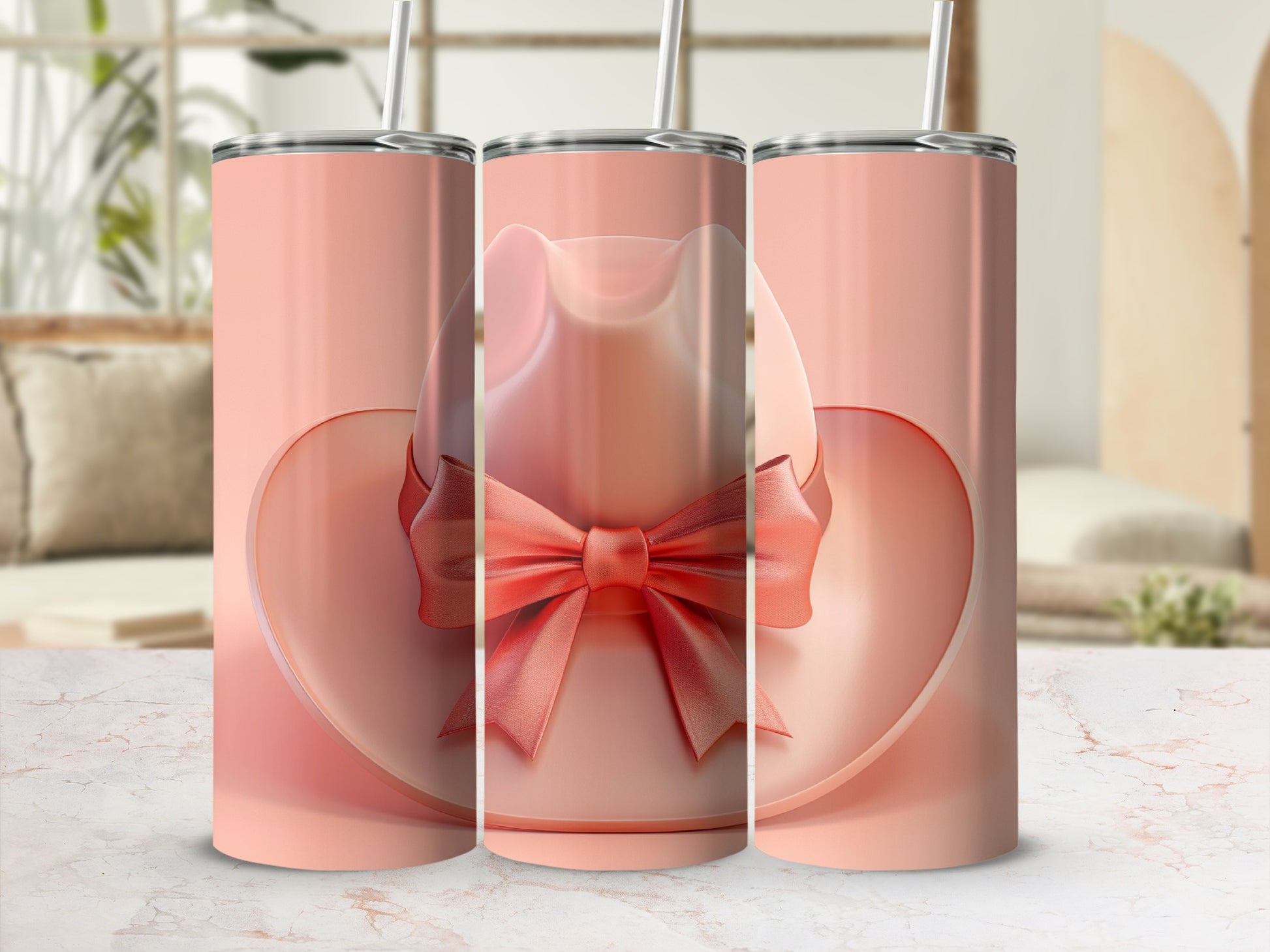Pink cowboy hat with bow, rendered on three tumblers.
