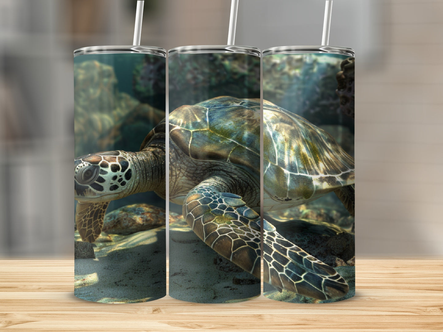 Sea turtle swimming underwater with coral and rocks.