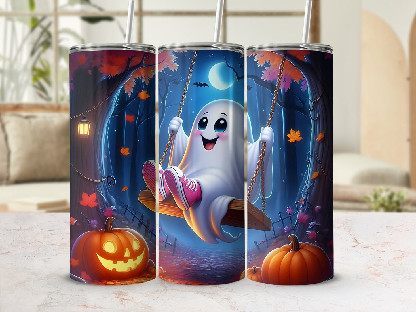 Three tumblers show a Halloween scene with a ghost on a swing and pumpkins.